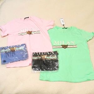 4 NWT Boohoo Milan 1990 t-shirts, pink, green, lavender, black